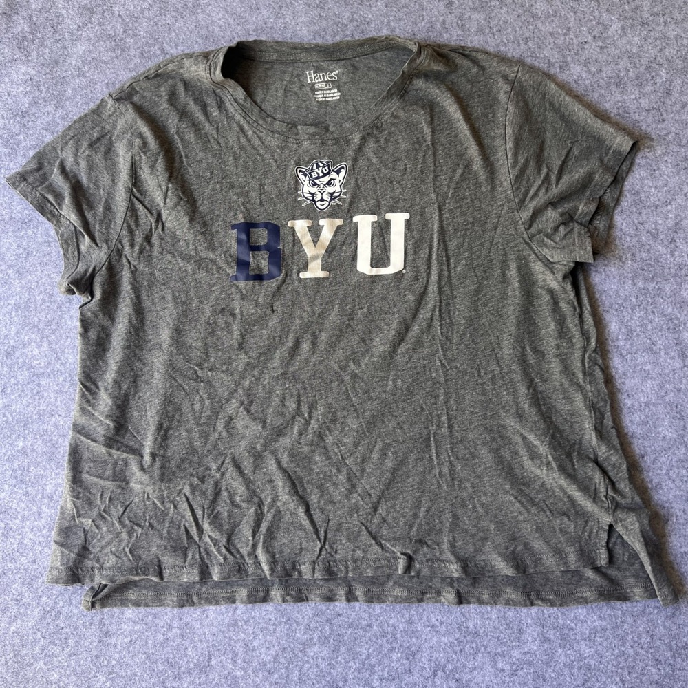 Hanes BYU Cougars Graphic T-Shirt 2XL Gray Heathered Short Sleeve Side Slit
